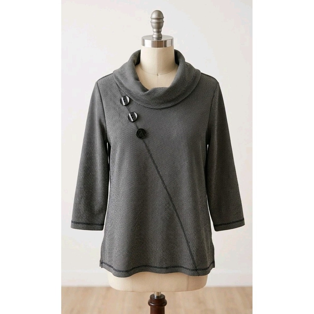 Ali Miles Tunic Pullover Cowl Neck Buttons Gray Black Striped Stretch Top Large